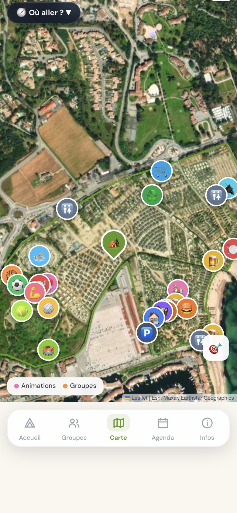 Carte satellite du camping avec points d'intérêt