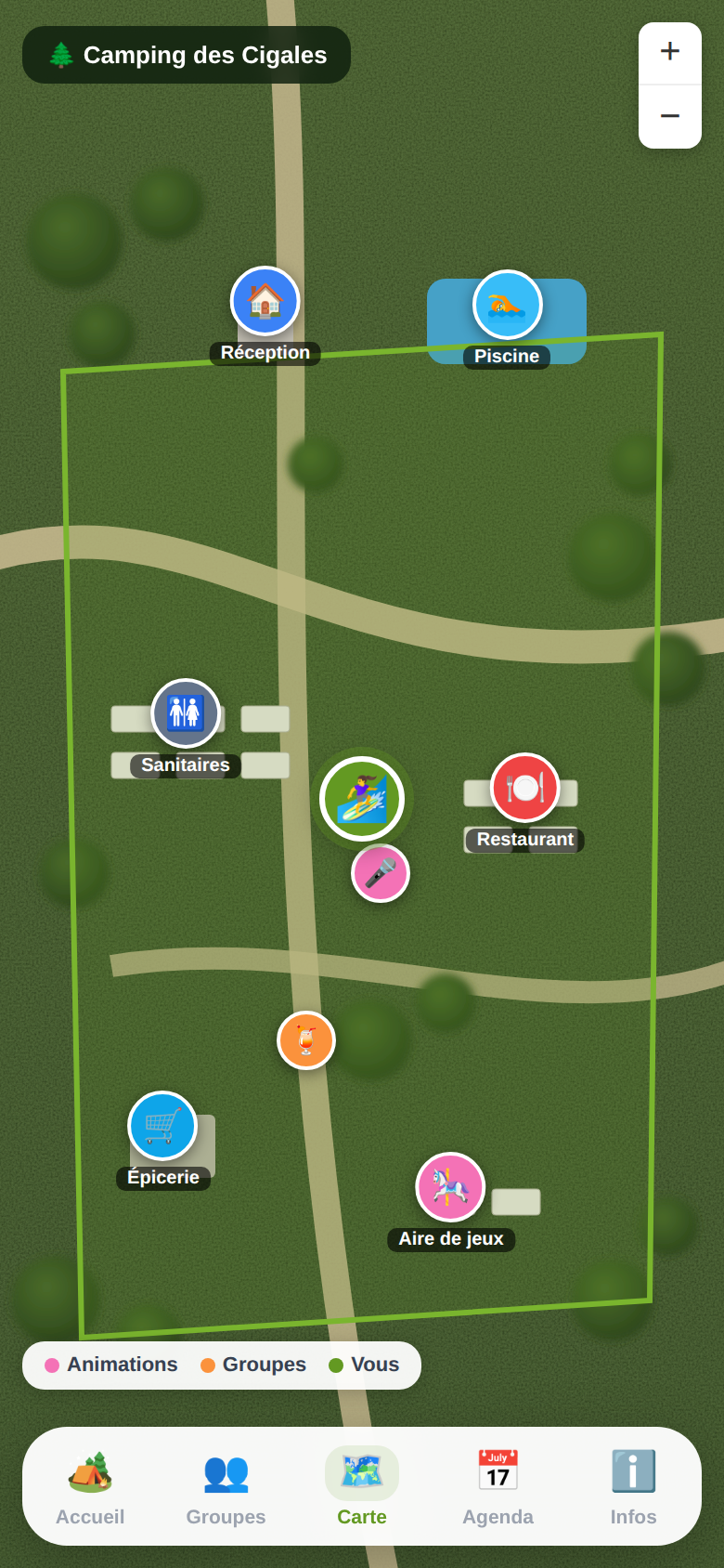 Carte satellite du camping avec points d'intérêt